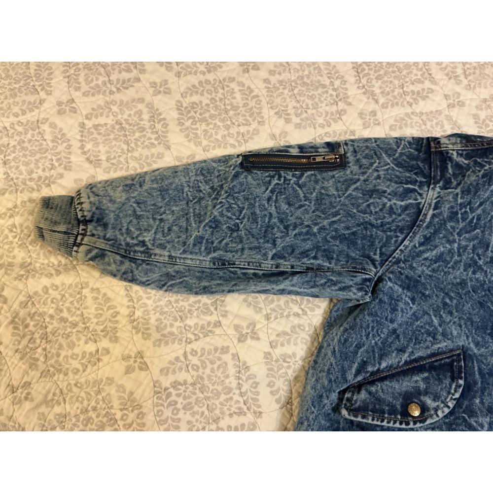 VTG Chemin de Fer Womens S Acid Wash Denim Bomber Jacket Zipper Pockets Ribbed - Picture 8 of 8